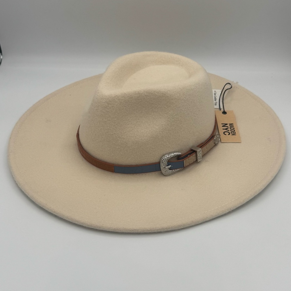 NWT Madden NYC Cream Wide Brim Felt Western Cowboy Cowgirl Hat with Hat Band